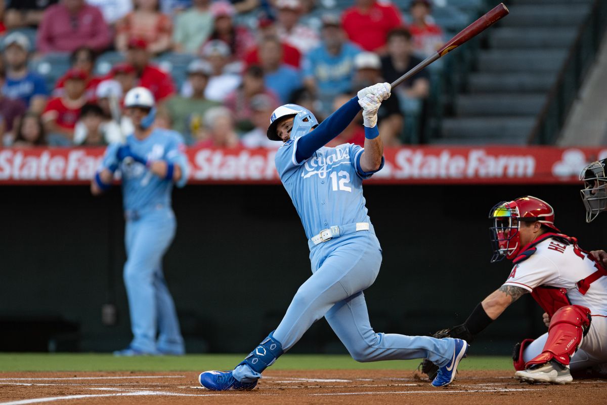 Kansas City Royals third baseman Nick Loftin (12) swings and misses during a game between the Kansas City Royals and the Los Angeles Angels on Saturday, August 15, 2026 at Angel Stadium in Anaheim Calif. Kansas City Royals third baseman Nick Loftin (12) swings and misses during a game between the Kansas City Royals and the Los Angeles Angels on Saturday, August 15, 2026 at Angel Stadium in Anaheim Calif.