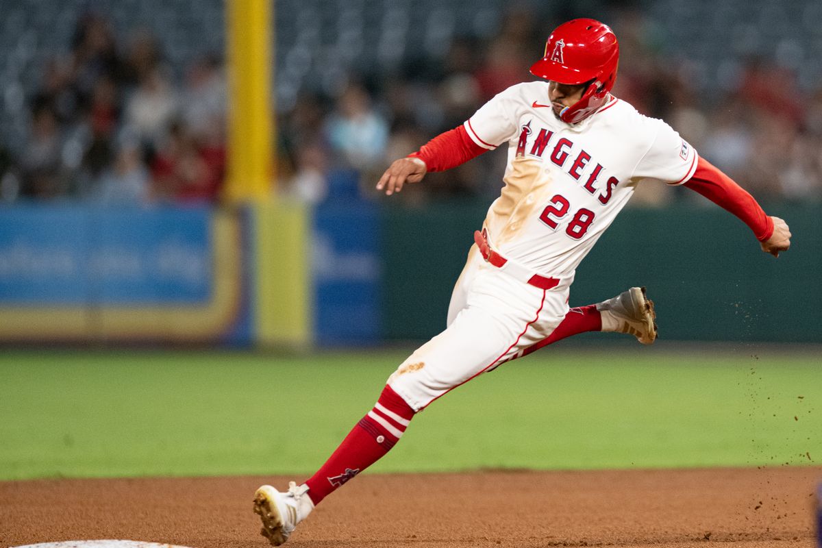Los Angeles Angels center outfielder Jose Siri (28) touches second base during an MLB match between Seattle Mariners and Los Angeles Angels on Monday, September 14, 2026 at Angel Stadium in Anaheim, California. Los Angeles Angels center outfielder Jose Siri (28) touches second base during an MLB match between Seattle Mariners and Los Angeles Angels on Monday, September 14, 2026 at Angel Stadium in Anaheim, California.