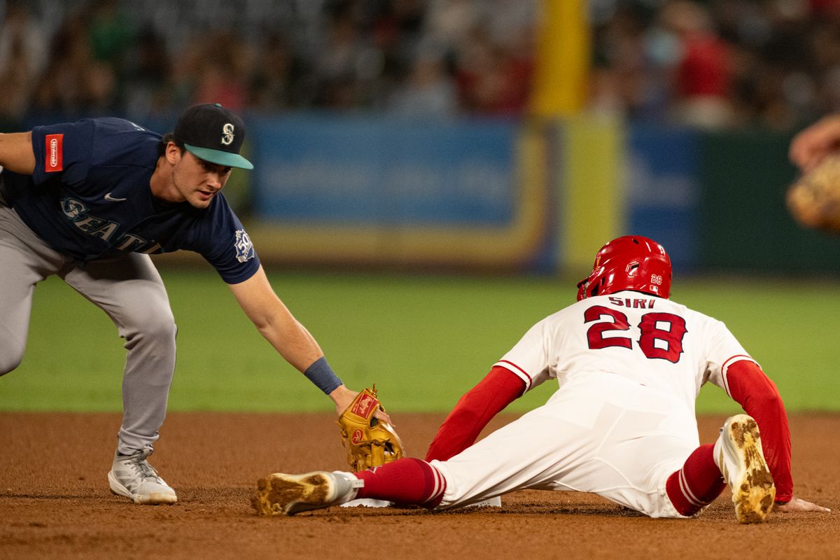 Los Angeles Angels center outfielder Jose Siri (28) slides back to second base during an MLB match between Seattle Mariners and Los Angeles Angels on Monday, September 14, 2026 at Angel Stadium in Anaheim, California. Los Angeles Angels center outfielder Jose Siri (28) slides back to second base during an MLB match between Seattle Mariners and Los Angeles Angels on Monday, September 14, 2026 at Angel Stadium in Anaheim, California.