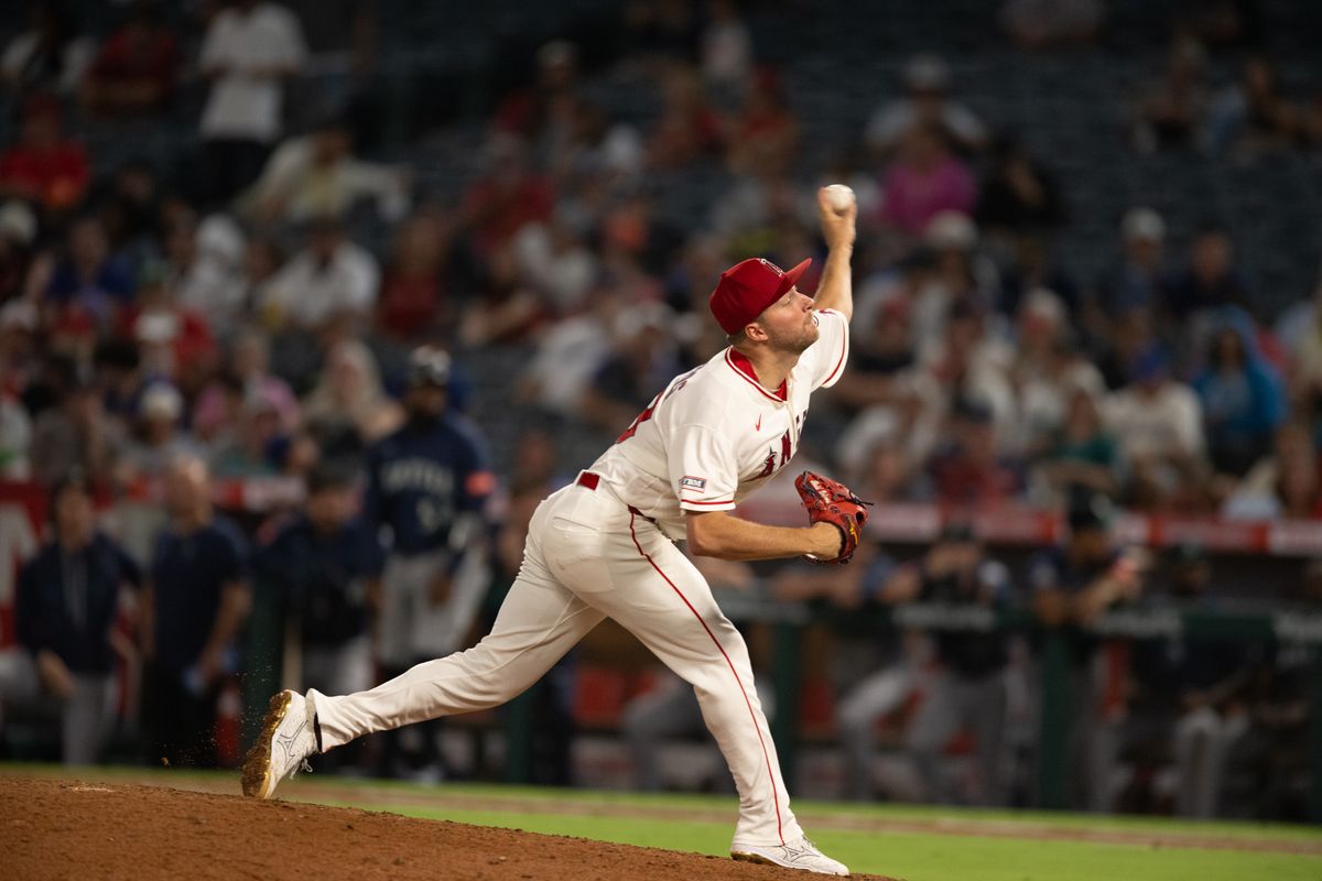 Los Angeles Angels starting pitcher Reid Detmers (48) throws a pitch during an MLB match between Seattle Mariners and Los Angeles Angels on Monday, September 14, 2026 at Angel Stadium in Anaheim, California. Los Angeles Angels starting pitcher Reid Detmers (48) throws a pitch during an MLB match between Seattle Mariners and Los Angeles Angels on Monday, September 14, 2026 at Angel Stadium in Anaheim, California.