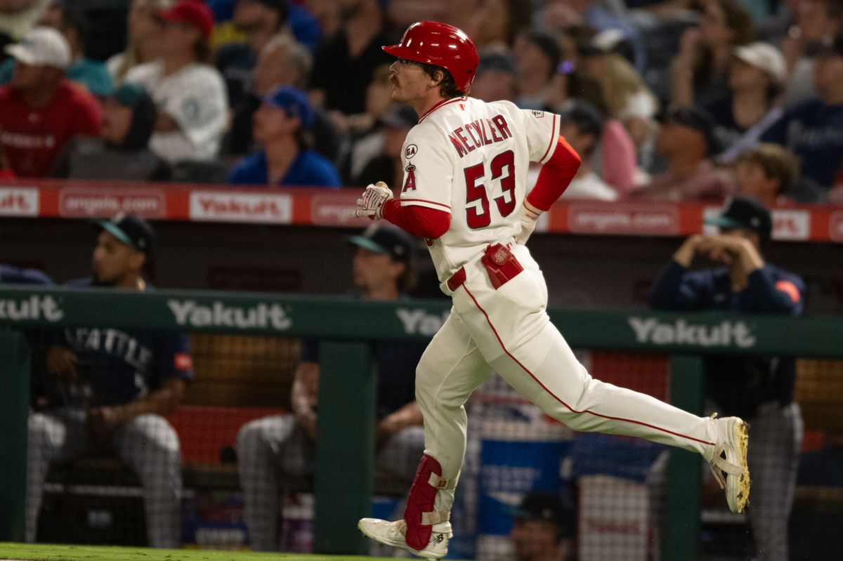 Los Angeles Angels left outfielder Wade Meckler (53) runs to first base after a base hit during an MLB match between Seattle Mariners and Los Angeles Angels on Monday, September 14, 2026 at Angel Stadium in Anaheim, California. Los Angeles Angels left outfielder Wade Meckler (53) runs to first base after a base hit during an MLB match between Seattle Mariners and Los Angeles Angels on Monday, September 14, 2026 at Angel Stadium in Anaheim, California.