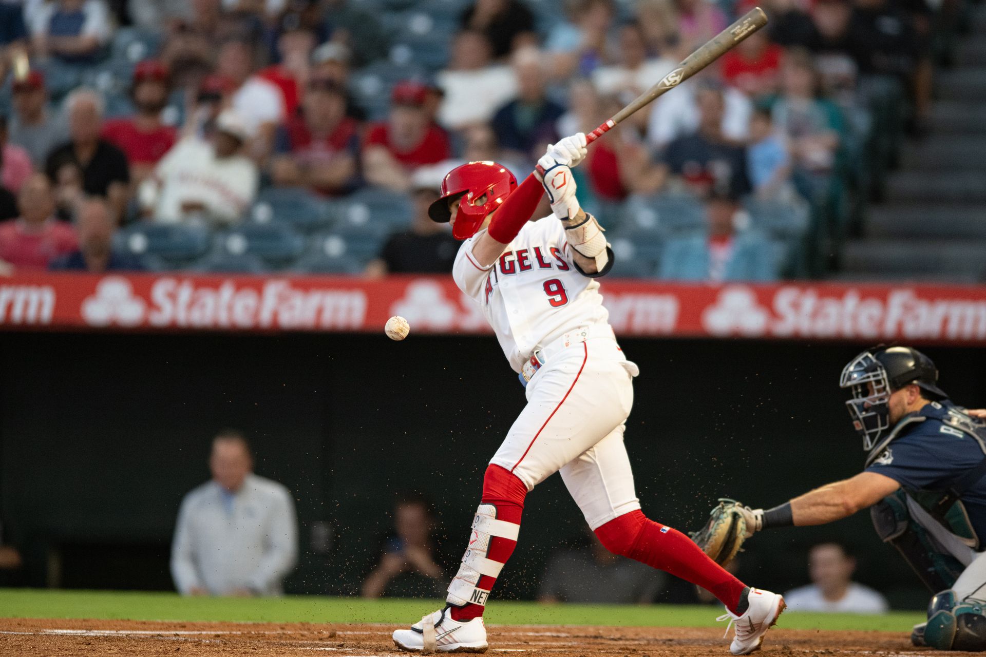 Los Angeles Angels short stop Zach Neto (9) swings and hits a fould ball during an MLB match between Seattle Mariners and Los Angeles Angels on Monday, September 14, 2026 at Angel Stadium in Anaheim, California. Los Angeles Angels short stop Zach Neto (9) swings and hits a fould ball during an MLB match between Seattle Mariners and Los Angeles Angels on Monday, September 14, 2026 at Angel Stadium in Anaheim, California.