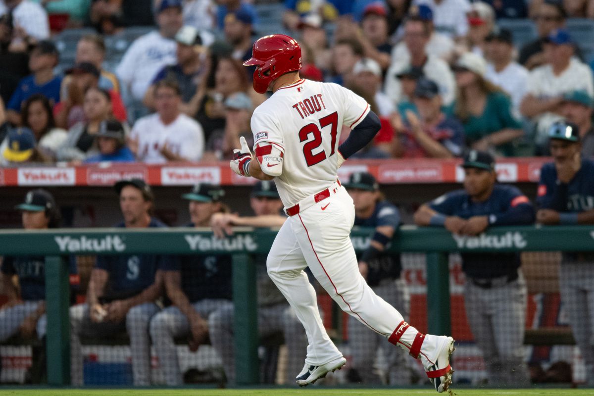 Los Angeles Angels center outfielder Mike Trout (27) runs to first base during an MLB match between Seattle Mariners and Los Angeles Angels on Monday, September 14, 2026 at Angel Stadium in Anaheim, California. Los Angeles Angels center outfielder Mike Trout (27) runs to first base during an MLB match between Seattle Mariners and Los Angeles Angels on Monday, September 14, 2026 at Angel Stadium in Anaheim, California.