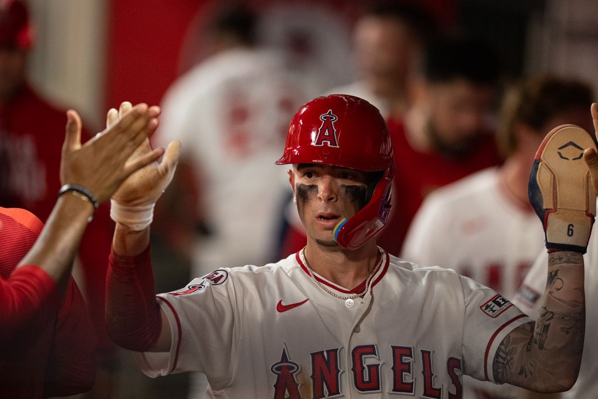 Los Angeles Angels short stop Zach Neto (9) gets high fives at the dugout during an MLB match between Seattle Mariners and Los Angeles Angels on Monday, September 14, 2026 at Angel Stadium in Anaheim, California. Los Angeles Angels short stop Zach Neto (9) gets high fives at the dugout during an MLB match between Seattle Mariners and Los Angeles Angels on Monday, September 14, 2026 at Angel Stadium in Anaheim, California.
