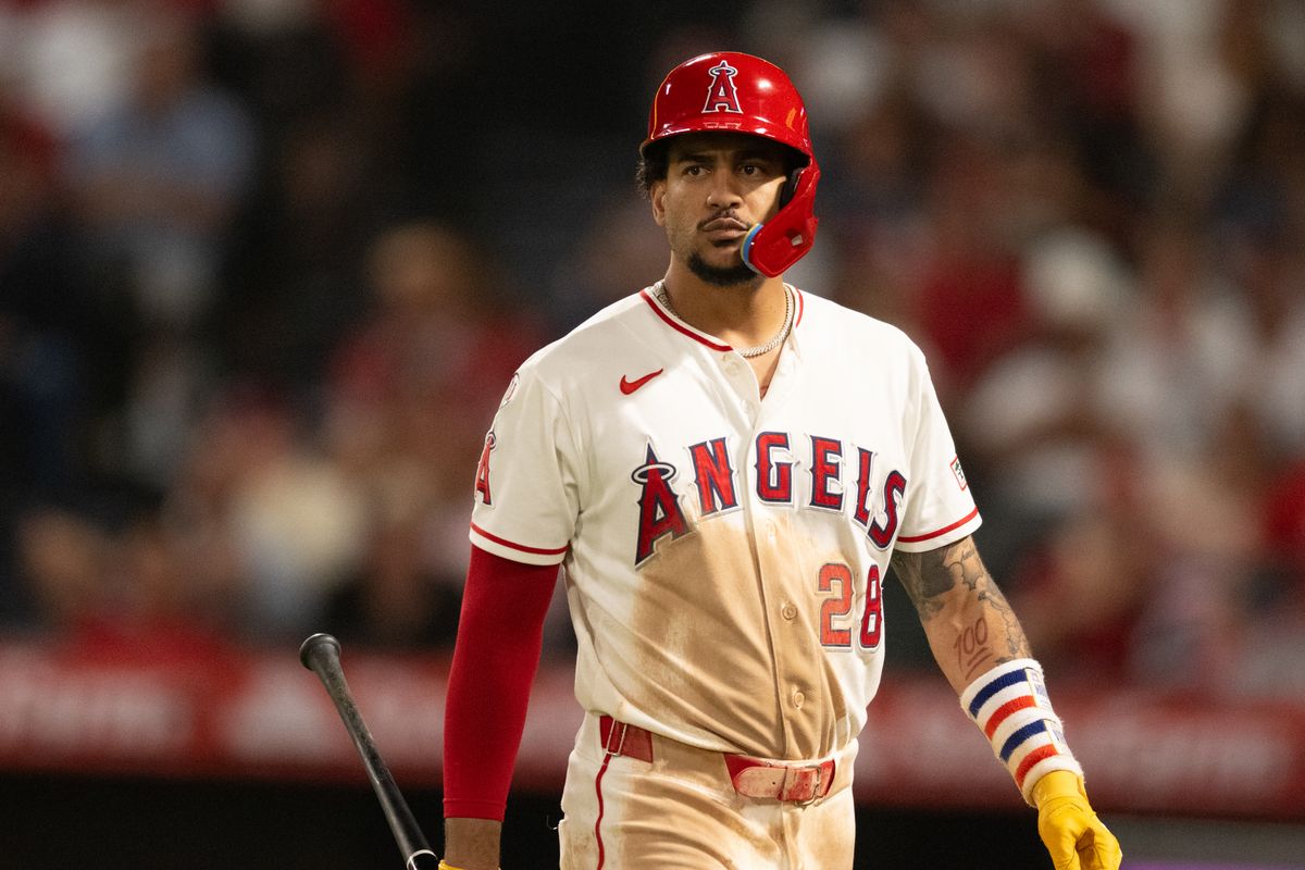Los Angeles Angels center outfielder Jose Siri (28) walks back to the dugout after strikingout during an MLB match between Minnesota Twins and Los Angeles Angels on Saturday, September 19, 2026 at Angel Stadium in Anaheim, California. Los Angeles Angels center outfielder Jose Siri (28) walks back to the dugout after strikingout during an MLB match between Minnesota Twins and Los Angeles Angels on Saturday, September 19, 2026 at Angel Stadium in Anaheim, California.