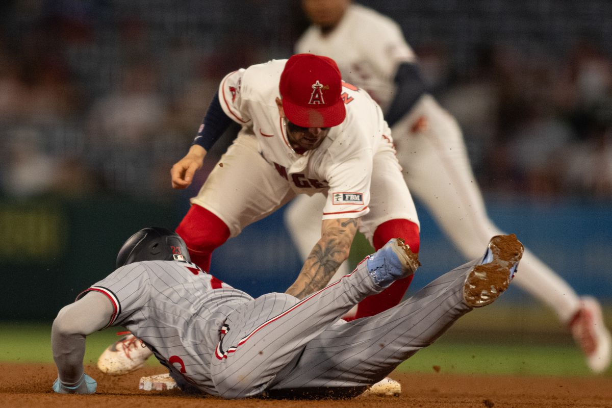Los Angeles Angels short stop Zach Neto (9) tags a player at second base during an MLB match between Minnesota Twins and Los Angeles Angels on Saturday, September 19, 2026 at Angel Stadium in Anaheim, California. Los Angeles Angels short stop Zach Neto (9) tags a player at second base during an MLB match between Minnesota Twins and Los Angeles Angels on Saturday, September 19, 2026 at Angel Stadium in Anaheim, California.