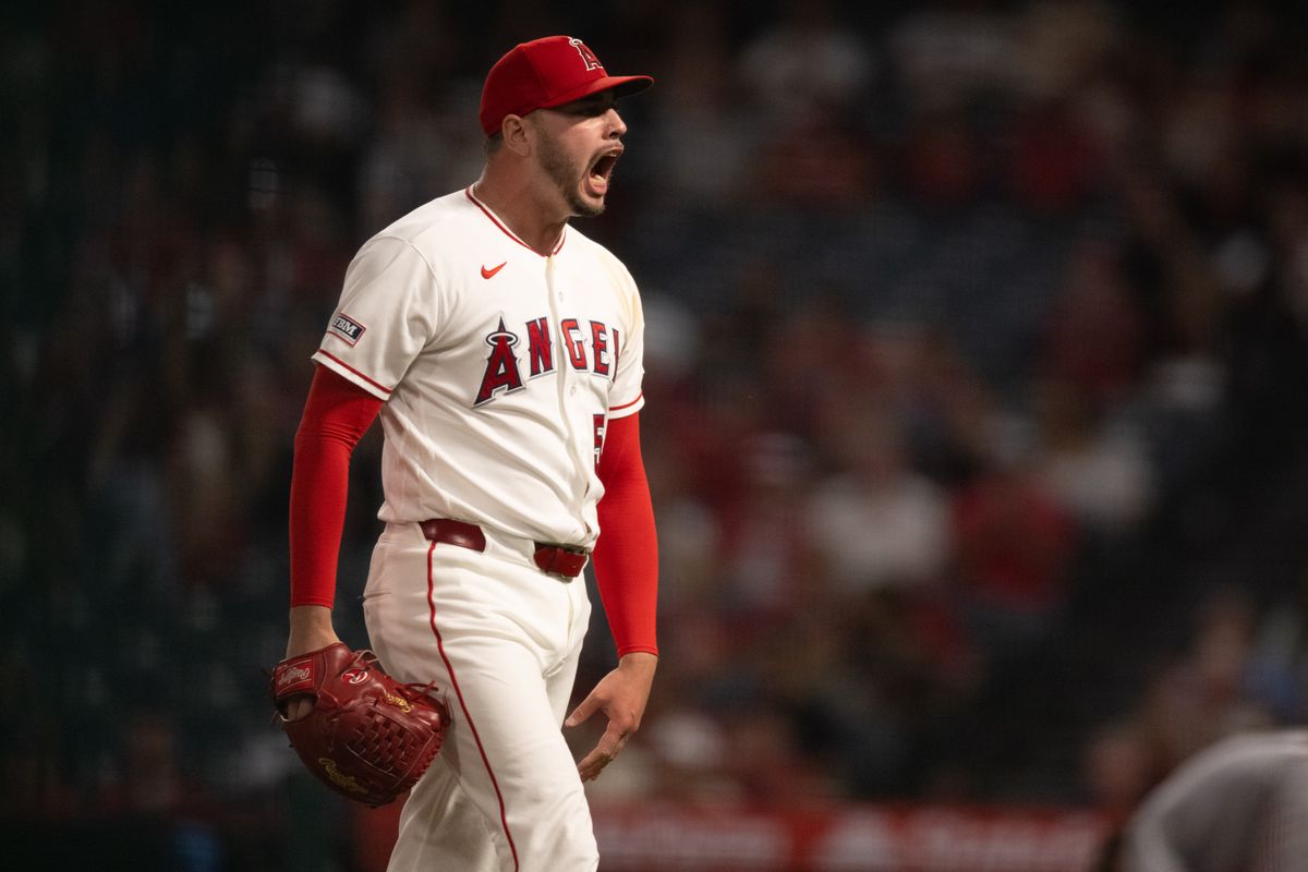 Los Angeles Angels right-handed pitcher Tayler Saucedo (55) reacts after closing out the 10th inning during an MLB match between Minnesota Twins and Los Angeles Angels on Saturday, September 19, 2026 at Angel Stadium in Anaheim, California. Los Angeles Angels right-handed pitcher Tayler Saucedo (55) reacts after closing out the 10th inning during an MLB match between Minnesota Twins and Los Angeles Angels on Saturday, September 19, 2026 at Angel Stadium in Anaheim, California.