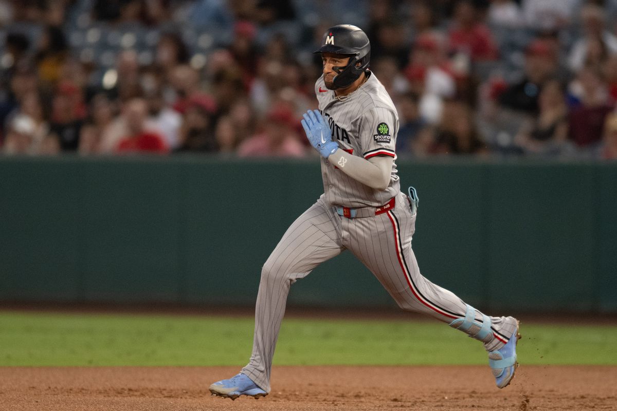 Minnesota Twins infielder Royce Lewis (23) runsduring an MLB match between Minnesota Twins and Los Angeles Angels on Saturday, September 19, 2026 at Angel Stadium in Anaheim, California. to second base Minnesota Twins infielder Royce Lewis (23) runsduring an MLB match between Minnesota Twins and Los Angeles Angels on Saturday, September 19, 2026 at Angel Stadium in Anaheim, California. to second base