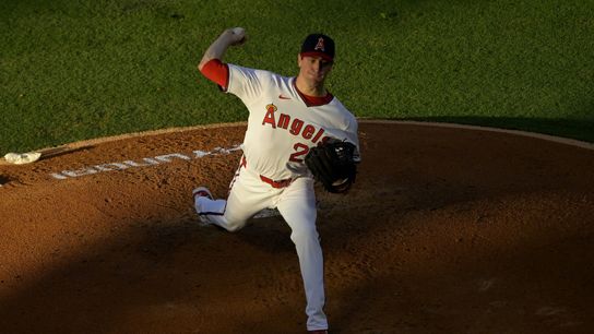 Jul 9, 2025; Anaheim, California, USA; Los Angeles Angels starting pitcher Kyle Hendricks (28) delivers in the third inning against the Texas Rangers at Angel Stadium. Mandatory Credit: Jayne Kamin-Oncea-Imagn Images