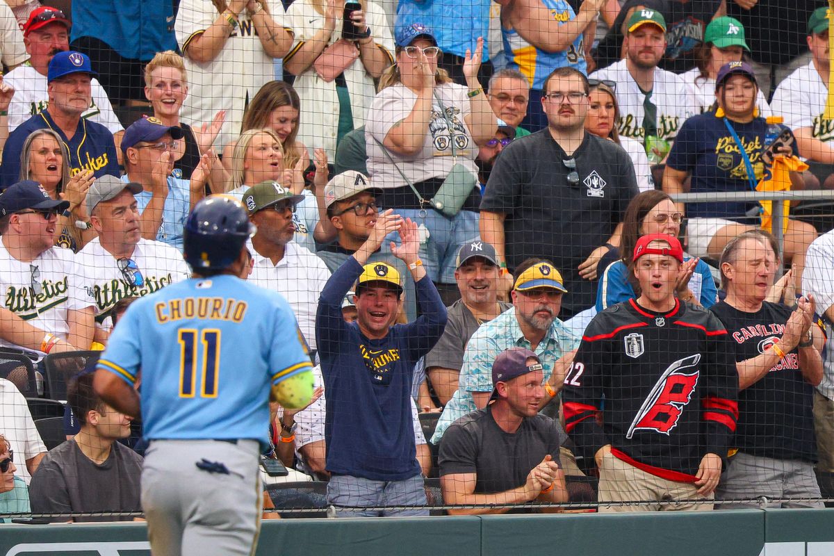 Milwaukee Brewers fans cheer after Milwaukee Brewers LF Jackson Chourio (11) scored a run during an MLB game against the Athletics on Monday June 8, 2026, at the Las Vegas Ballpark in Las Vegas, Nevada. Milwaukee Brewers fans cheer after Milwaukee Brewers LF Jackson Chourio (11) scored a run during an MLB game against the Athletics on Monday June 8, 2026, at the Las Vegas Ballpark in Las Vegas, Nevada.