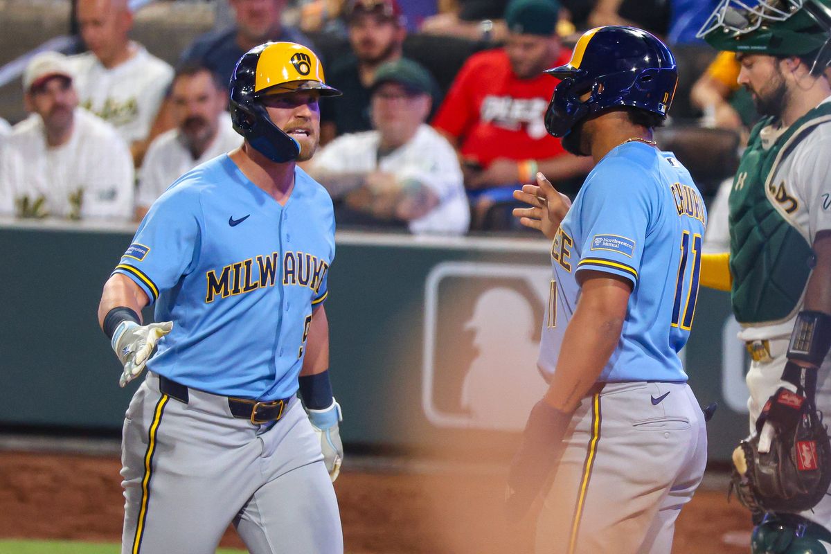 Milwaukee Brewers RF Jake Bauers (9) high fives his teammate Jackson Chourio (11) after hitting a home run against the Athletics on Monday June 8, 2026, at the Las Vegas Ballpark in Las Vegas, Nevada. Milwaukee Brewers RF Jake Bauers (9) high fives his teammate Jackson Chourio (11) after hitting a home run against the Athletics on Monday June 8, 2026, at the Las Vegas Ballpark in Las Vegas, Nevada.