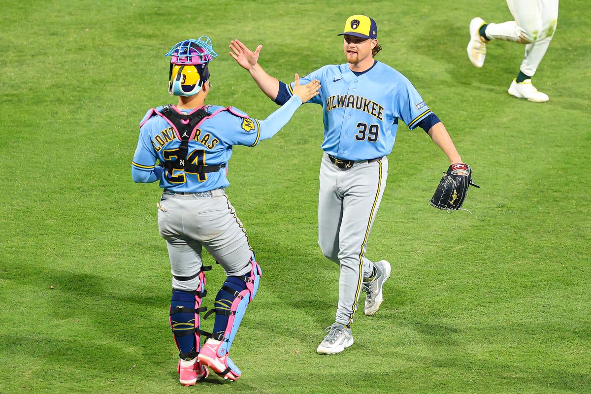 Milwaukee Brewers C William Contrearas (24) and RHP Chad Patrick (39) high five after defeating the Athletics in extra innings on Monday, June 8, 2026, at the Las Vegas Ballpark in Las Vegas, Nevada. Milwaukee Brewers C William Contrearas (24) and RHP Chad Patrick (39) high five after defeating the Athletics in extra innings on Monday, June 8, 2026, at the Las Vegas Ballpark in Las Vegas, Nevada.