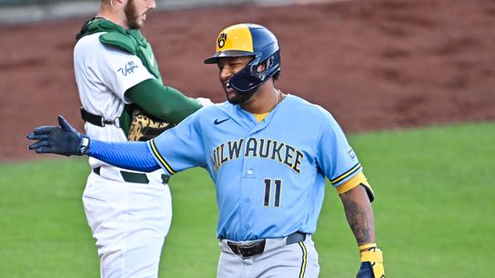 The Milaukee Brewers left-fielder Jackson Chourio (11) celebrates his home run during the MLB game against the Milwaukee Brewers Tuesday June 9th, 2026 in Las Vegas, NV.s The Milaukee Brewers left-fielder Jackson Chourio (11) celebrates his home run during the MLB game against the Milwaukee Brewers Tuesday June 9th, 2026 in Las Vegas, NV.s