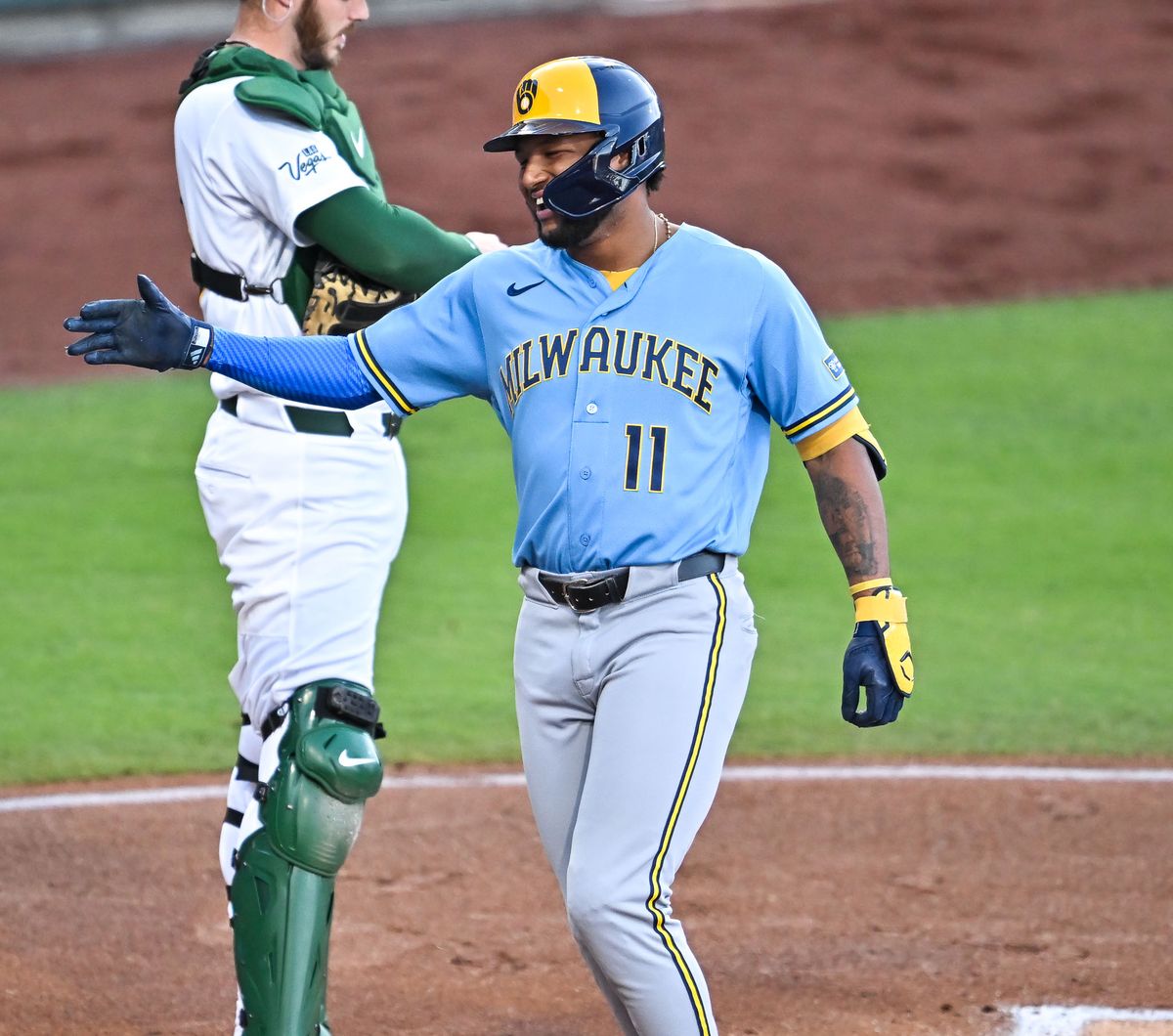 The Milaukee Brewers left-fielder Jackson Chourio (11) celebrates his home run during the MLB game against the Milwaukee Brewers Tuesday June 9th, 2026 in Las Vegas, NV.s