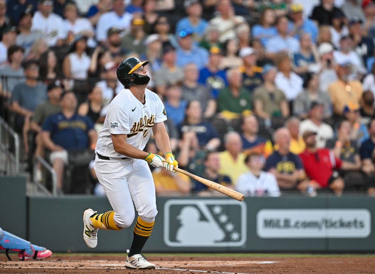 The Las Vegas Athletics first baseman Nick Kurtz (16) hits a home run during the MLB game against the Milwaukee Brewers Tuesday June 9th, 2026 in Las Vegas, NV.s The Las Vegas Athletics first baseman Nick Kurtz (16) hits a home run during the MLB game against the Milwaukee Brewers Tuesday June 9th, 2026 in Las Vegas, NV.s