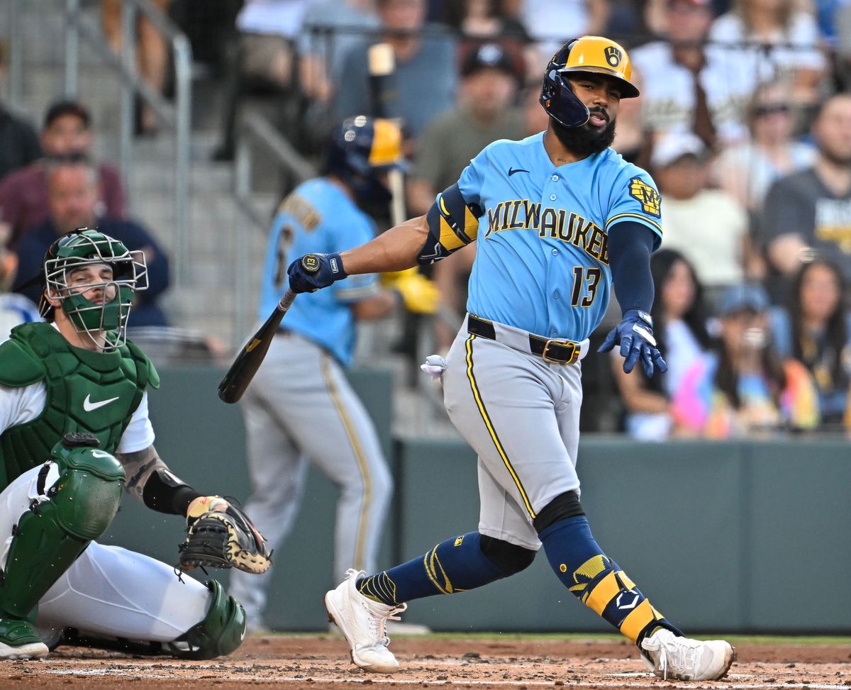 The Milwaukee Brewers 3rd baseman Luis Rengifo (13) takes a swing during the MLB game against the Milwaukee Brewers Tuesday June 9th, 2026 in Las Vegas, NV.s