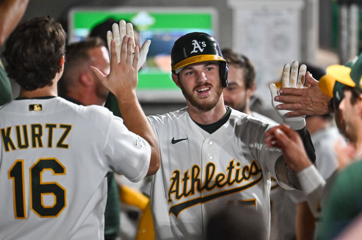 The Las Vegas Athletics catcher Jonah Heim (15) celebrates his home run during the MLB game against the Milwaukee Brewers Tuesday June 9th, 2026 in Las Vegas, NV.s