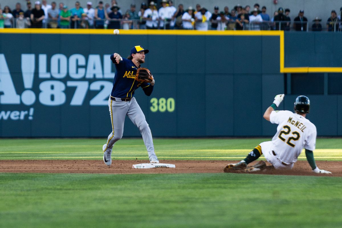 Milwaukee Brewers in-fielder Bryce Turang (2) throws the ball to first base during a MLB game between the The Athletics and the Milwaukee Brewers, Wednesday June 10, 2026 in Las Vegas, Nev. Milwaukee Brewers in-fielder Bryce Turang (2) throws the ball to first base during a MLB game between the The Athletics and the Milwaukee Brewers, Wednesday June 10, 2026 in Las Vegas, Nev.
