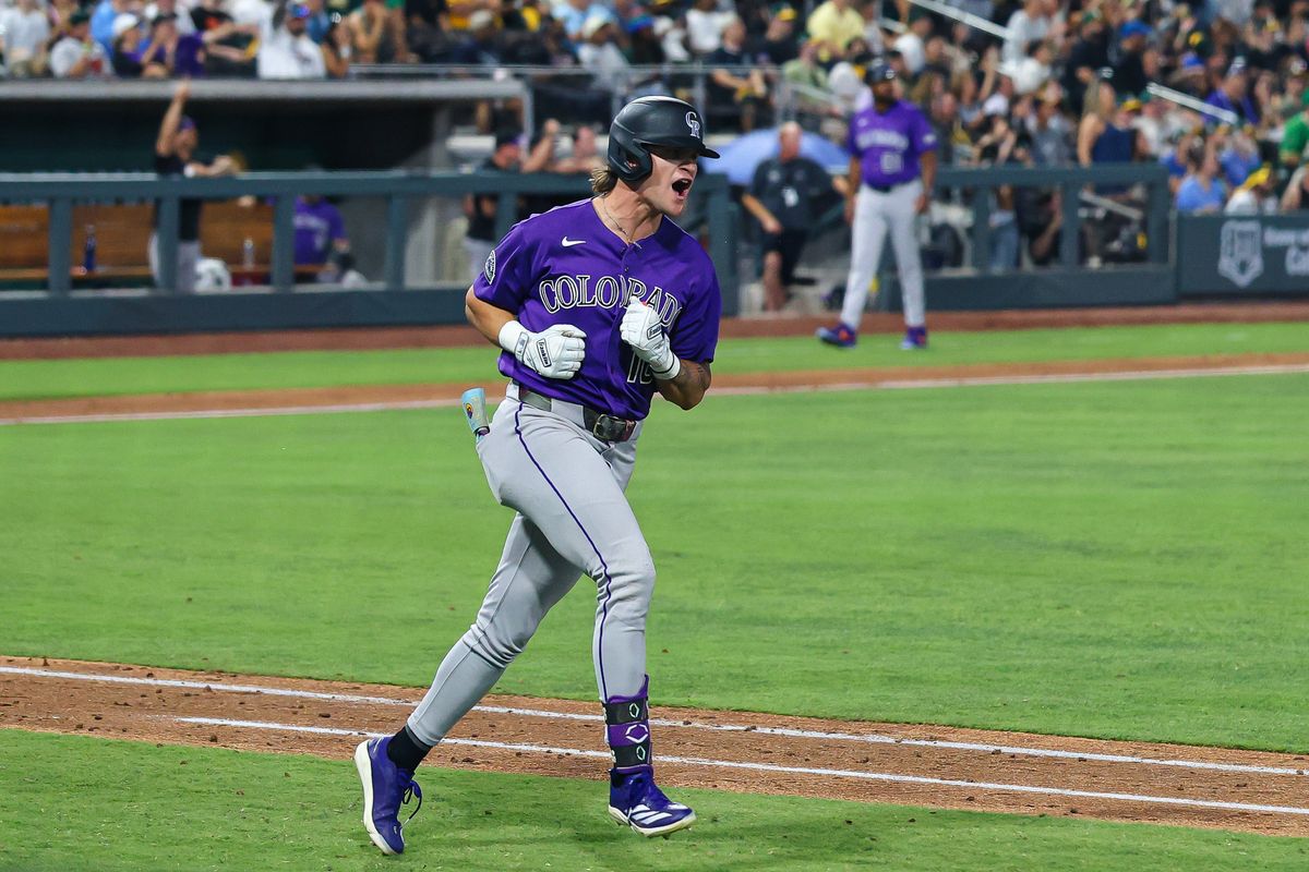 Colorado Rockies CF Cole Carrigg (16) reacts after hitting a go-ahead 3-run home run against the Athletics on Friday June 12, 2026, at the Las Vegas Ballpark in Las Vegas, Nevada.