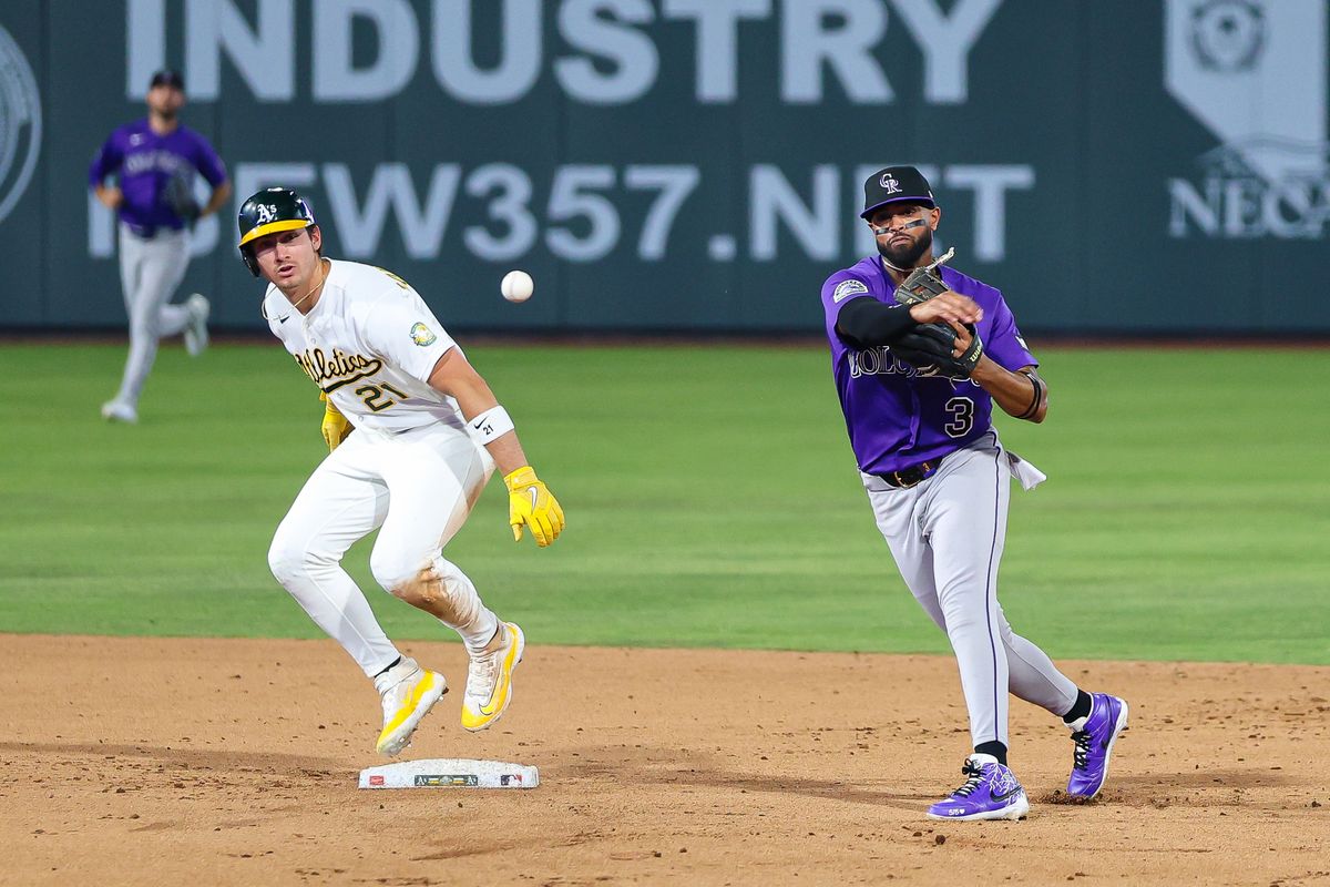 Colorado Rockies SS Willi Castro (3) throws the ball to first base after a fielders choice during an MLB game against the Athletics on Friday June 12, 2026, at the Las Vegas Ballpark in Las Vegas, Nevada.