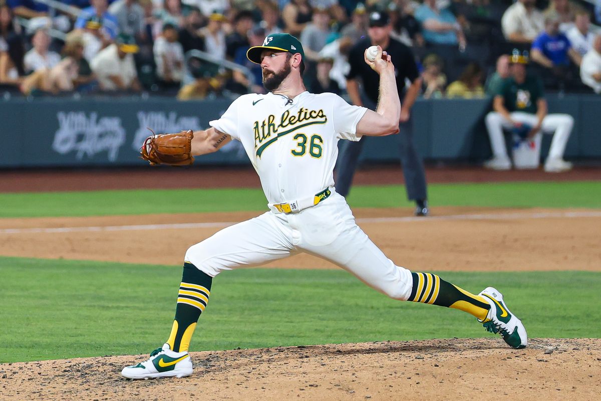 Athletics LHP Hogan Harris (36) pitches in relief to close the game against the Colorado Rockies on Friday June 12, 2026, at the Las Vegas Ballpark in Las Vegas, Nevada.