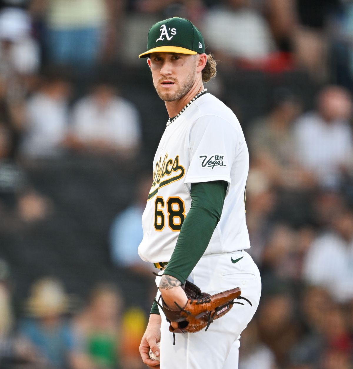 The Las Vegas Athletics right hand pitcher Joey Estes (68) stares down the runner on first during the MLB game against the Colorado Rockies Saturday June 13th, 2026 in Las Vegas, NV.