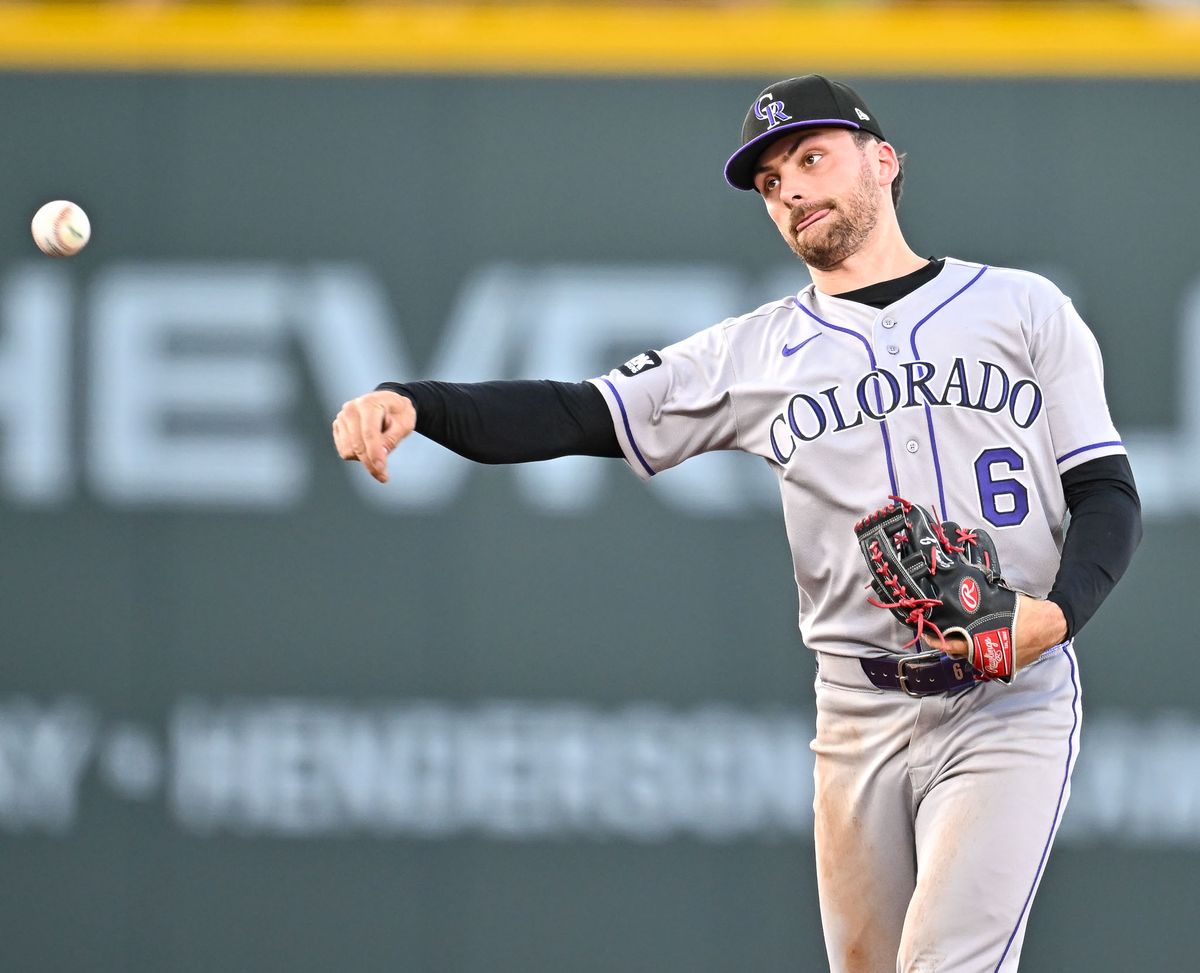 The Colorado Rockies second baseman Edward Julien (6) throws the runner out during the MLB game against the Las Vegas Athletics Saturday June 13th, 2026 in Las Vegas, NV.