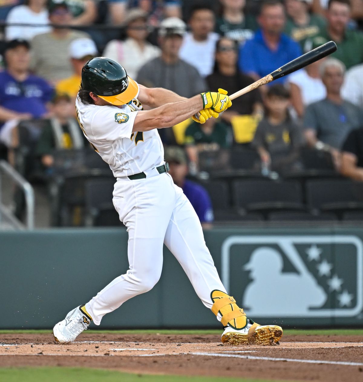 The Las Vegas Athletics (5) get a base hit during the MLB game against the Colorado Rockies Saturday June 13th, 2026 in Las Vegas, NV.