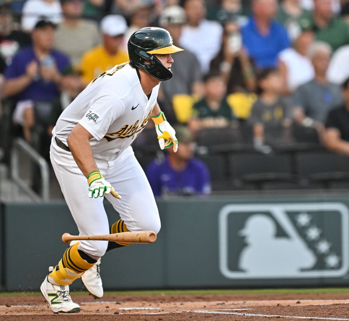 The Las Vegas Athletics first baseman Nick Kurtz (16) gets a base hit during the MLB game against the Colorado Rockies Saturday June 13th, 2026 in Las Vegas, NV.
