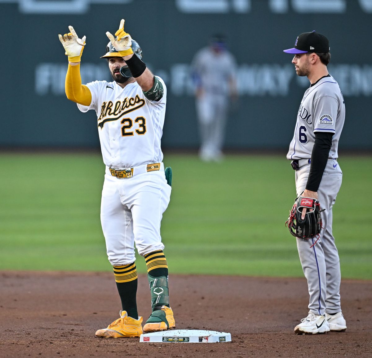 The Las Vegas Athletics catcher Shea Langeliers (23) hits a stand up double during the MLB game against the Colorado Rockies Saturday June 13th, 2026 in Las Vegas, NV.