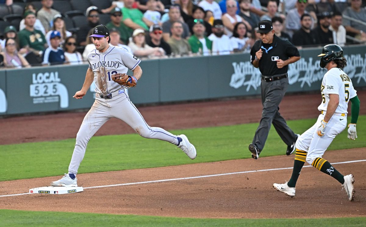 The Colorado Rockies third baseman (12) tags the bag at third during the MLB game against the Las Vegas Athletics Saturday June 13th, 2026 in Las Vegas, NV.