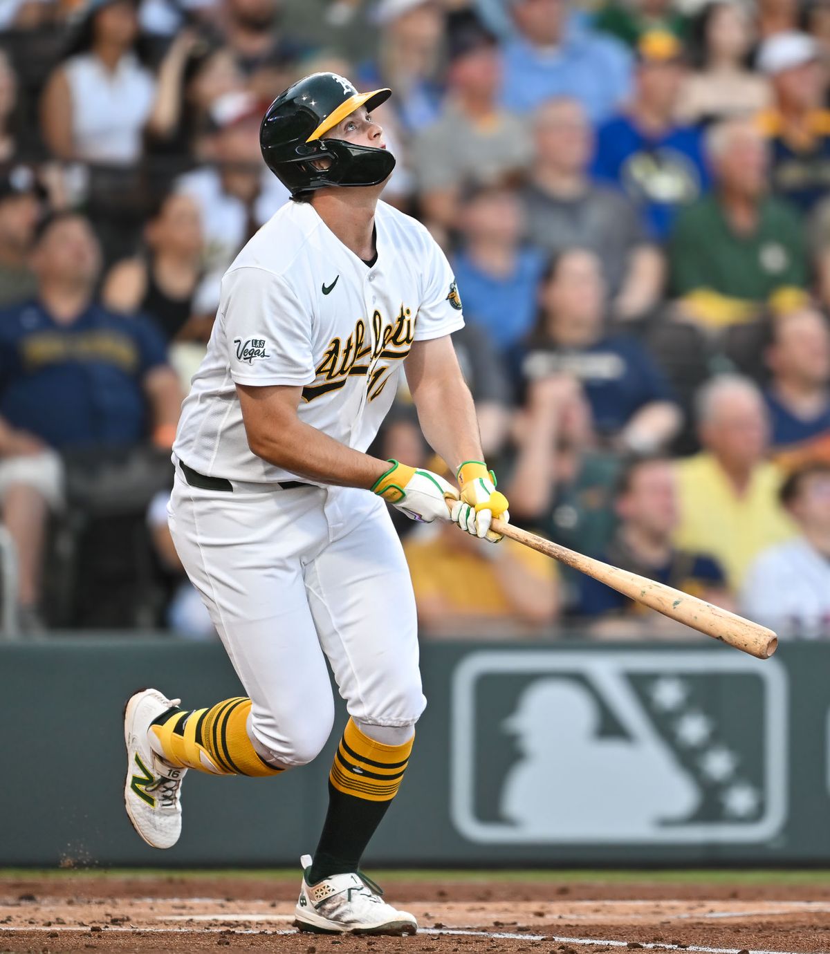 The Las Vegas Athletics first baseman Nick Kurtz (16) gets a hit during the MLB game against the Colorado Rockies Saturday June 14th, 2026 in Las Vegas, NV.