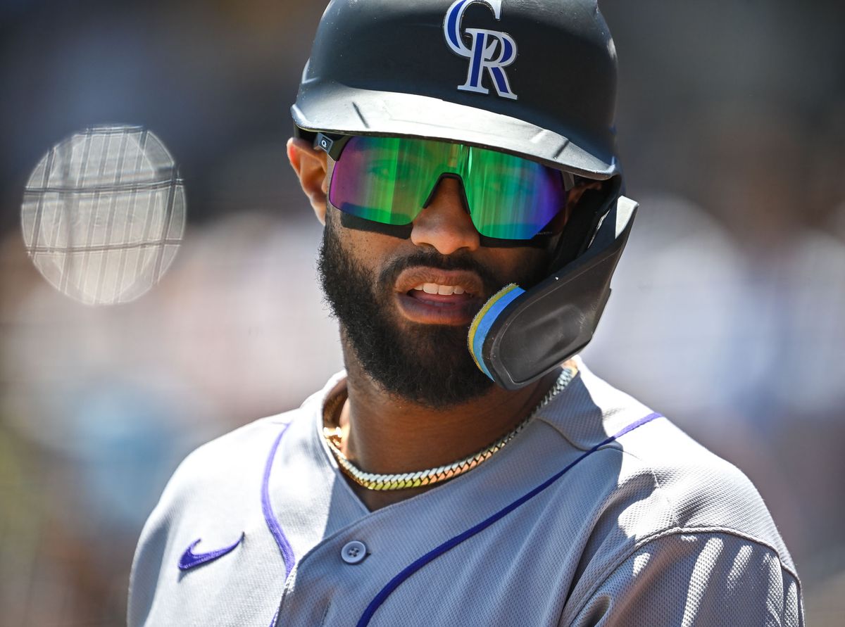 The Colorado Rockies catcher Hunter Goodman (3) hit two home runs and drives in seven in Rockies offensive explosion 20th home of the during the MLB game against the Las Vegas Athletics Sunday June 14th, 2026 in Las Vegas, NV.