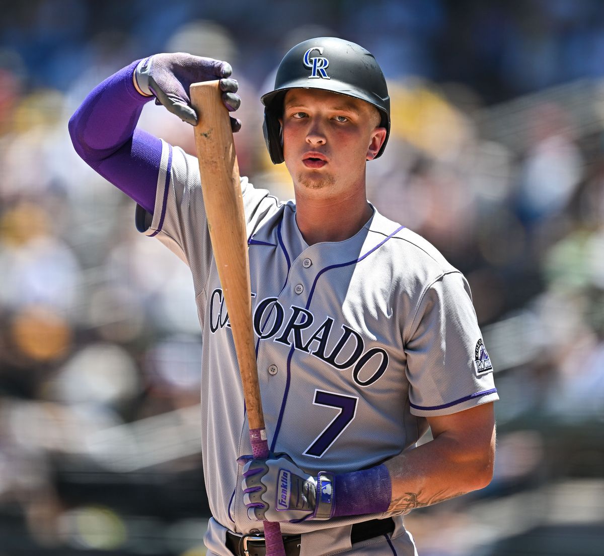 The Colorado Rockies first baseman T.J. Rumfield (7) during the MLB game against the Las Vegas Athletics Sunday June 14th, 2026 in Las Vegas, NV.