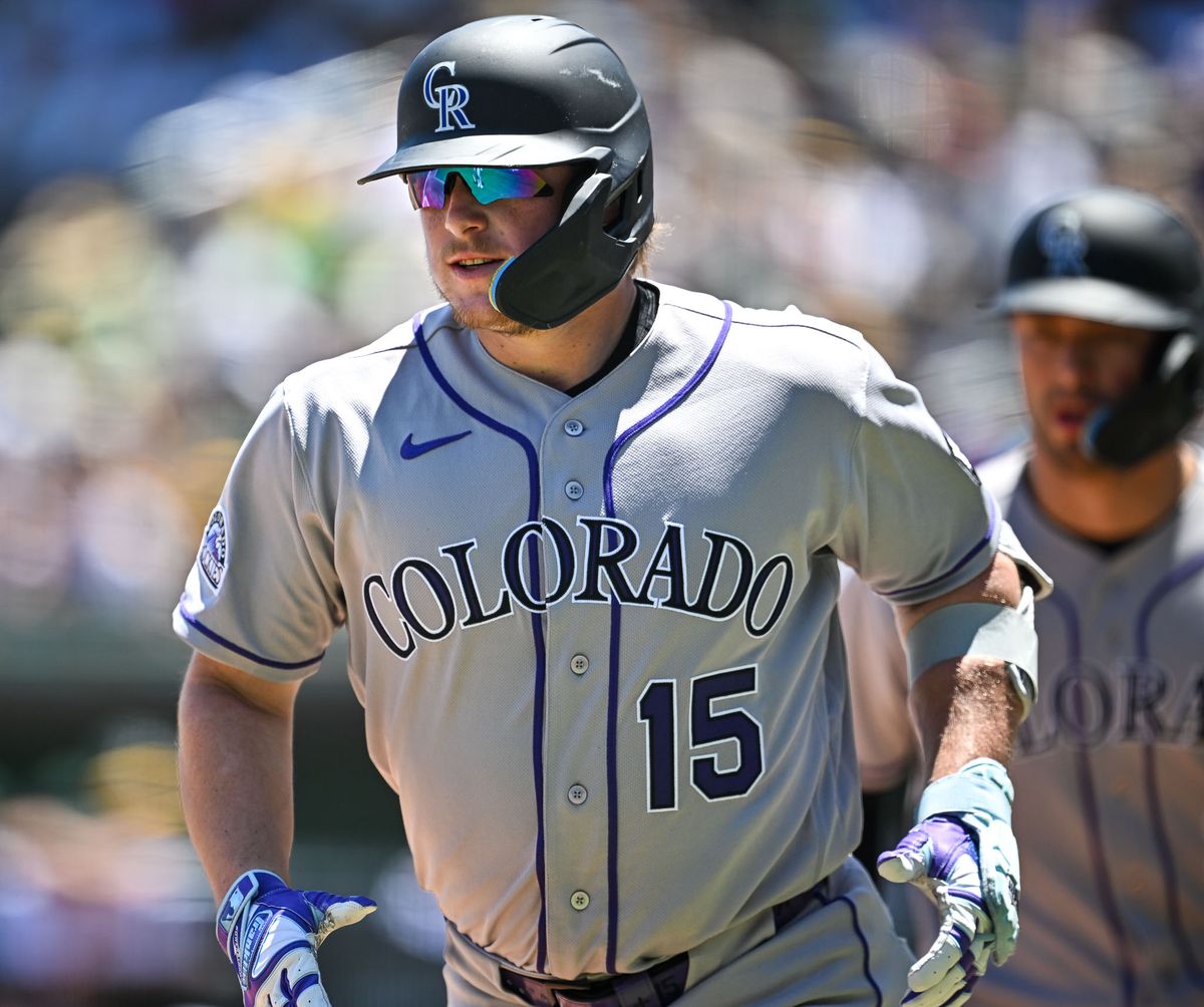 The Colorado Rockies catcher Hunter Goodman (15) hit his 20th home of the season during the MLB game against the Las Vegas Athletics Sunday June 14th, 2026 in Las Vegas, NV.