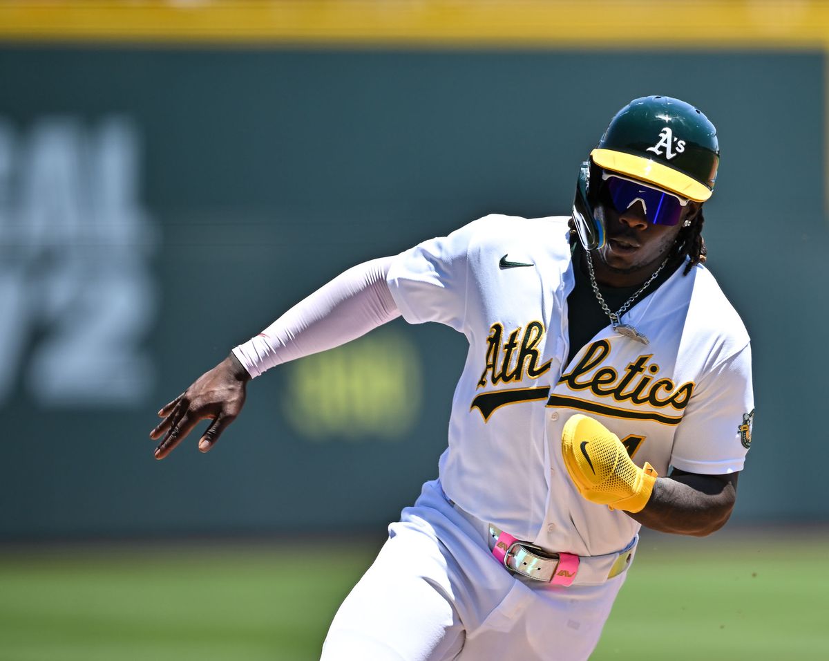 The Las Vegas Athletics center fielder Lawrence Butler (4) had three hits and one run during the MLB game against the Colorado Rockies Sunday June 14th, 2026 in Las Vegas, NV.