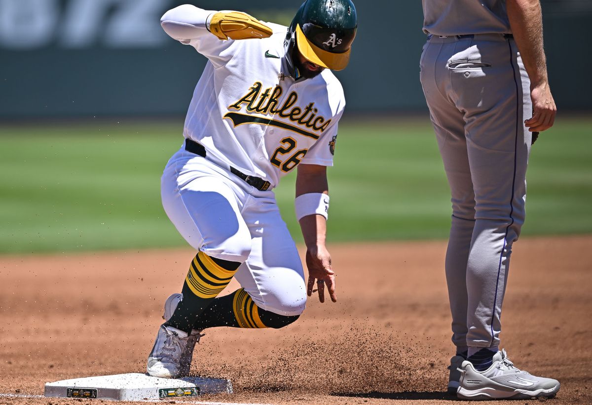 The Las Vegas Athletics right fielder Carlos Cortes (26) arrives safely at third during the MLB game against the Colorado Rockies Sunday June 14th, 2026 in Las Vegas, NV.