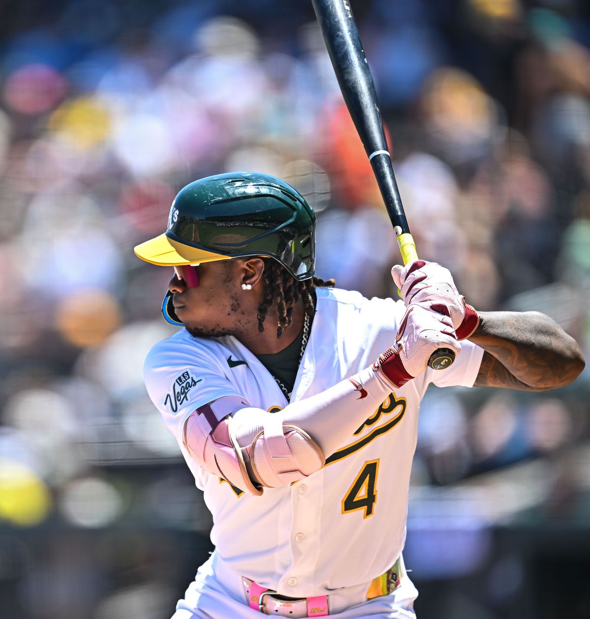 The Las Vegas Athletics center fielder Lawrence Butler (4) hits during the MLB game against the Colorado Rockies Sunday June 14th, 2026 in Las Vegas, NV.