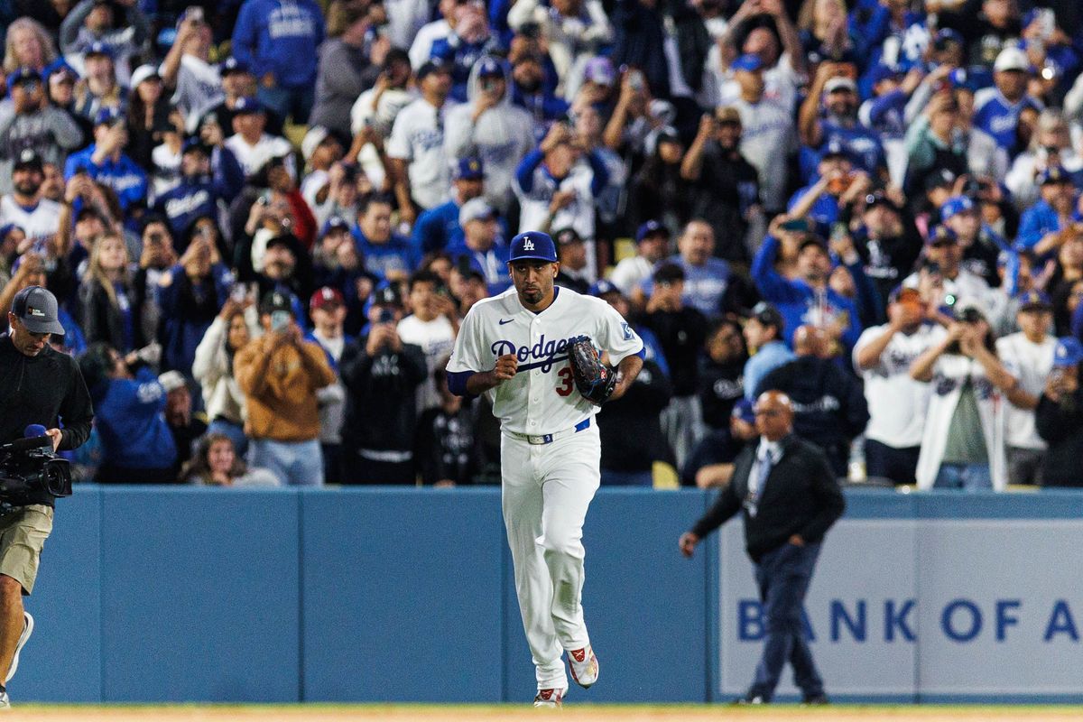 Edwin Díaz #3 of the Los Angeles Dodgers enters the game during an MLB game against the Texas Rangers at Dodger Stadium on April 10, 2026 in Los Angeles, California.