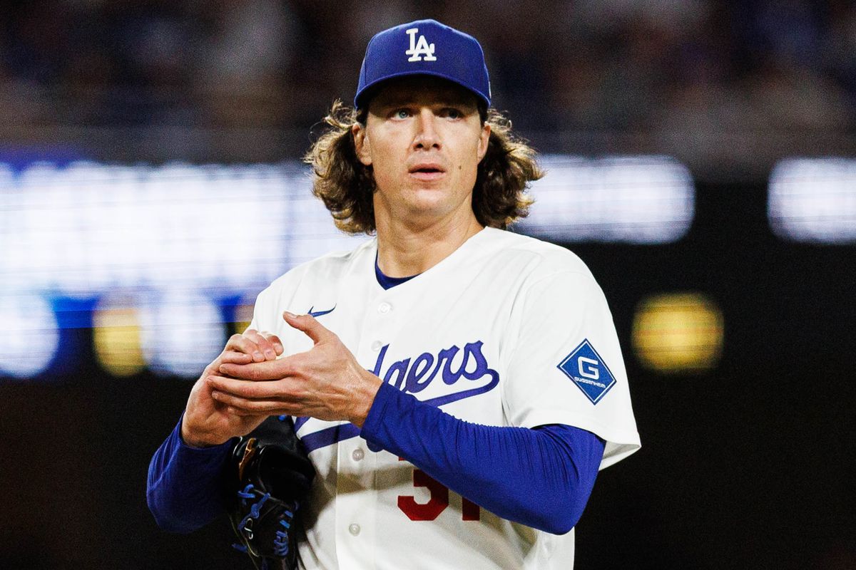 Tyler Glasnow #31 of the Los Angeles Dodgers gets ready to pitch during an MLB game against the Texas Rangers at Dodger Stadium on April 10, 2026 in Los Angeles, California.