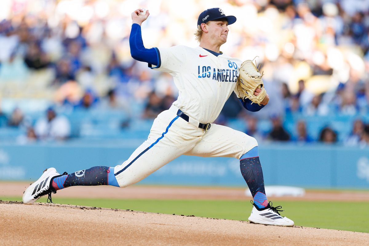 Emmet Sheehan #80 of the Los Angeles Dodgers pitches during the game against the Texas Rangers at Dodger Stadium on April 11, 2026 in Los Angeles, California. Emmet Sheehan #80 of the Los Angeles Dodgers pitches during the game against the Texas Rangers at Dodger Stadium on April 11, 2026 in Los Angeles, California.