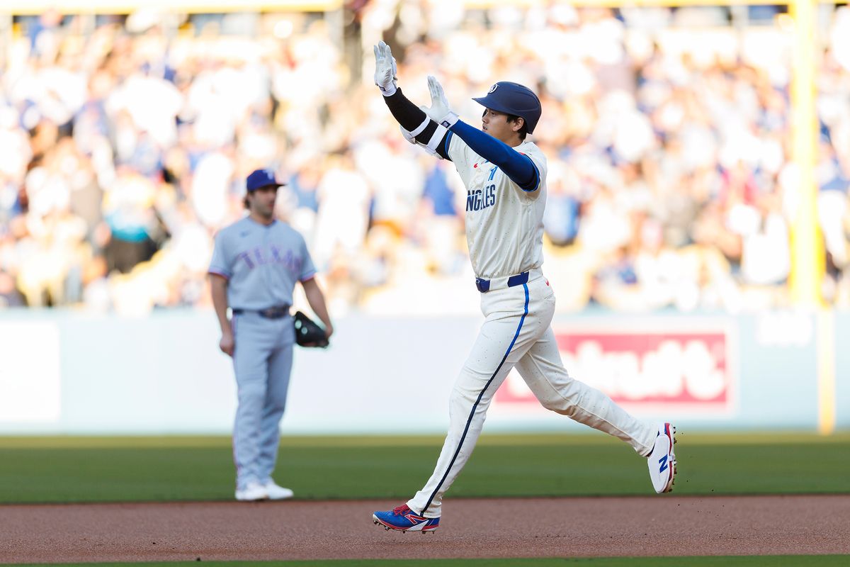 Shohei Ohtani #17 of the Los Angeles Dodgers celebrates his home run during the game against the Texas Rangers at Dodger Stadium on April 11, 2026 in Los Angeles, California. Shohei Ohtani #17 of the Los Angeles Dodgers celebrates his home run during the game against the Texas Rangers at Dodger Stadium on April 11, 2026 in Los Angeles, California.