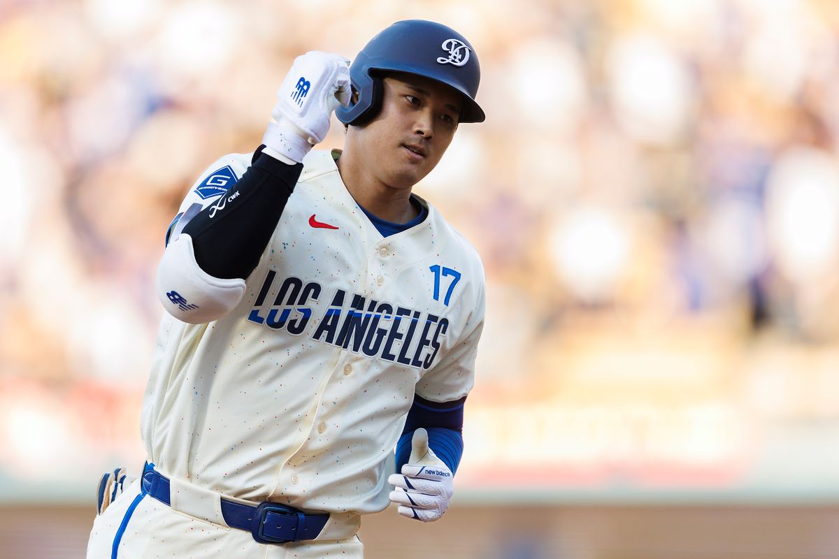 Shohei Ohtani #17 of the Los Angeles Dodgers celebrates his home run during the game against the Texas Rangers at Dodger Stadium on April 11, 2026 in Los Angeles, California. Shohei Ohtani #17 of the Los Angeles Dodgers celebrates his home run during the game against the Texas Rangers at Dodger Stadium on April 11, 2026 in Los Angeles, California.