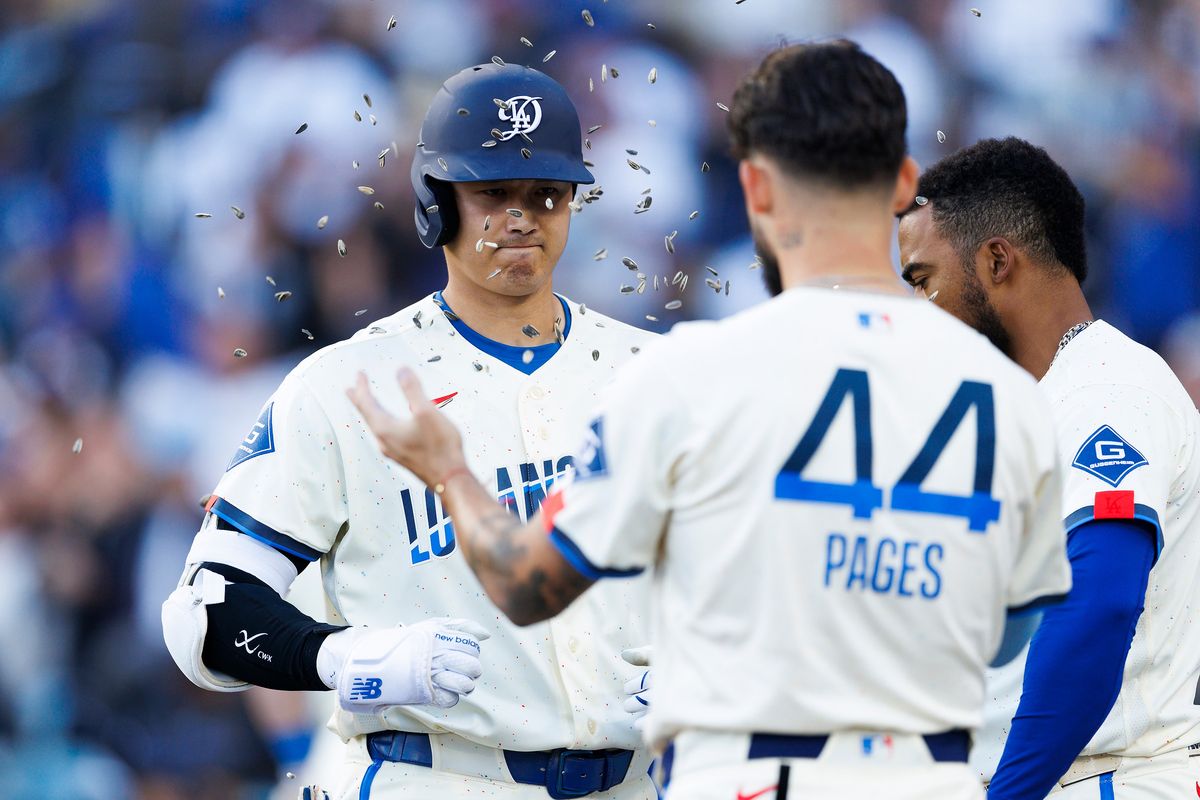 Shohei Ohtani #17 of the Los Angeles Dodgers celebrates his home run with Andy Pages #44 of the Los Angeles Dodgers during the game against the Texas Rangers at Dodger Stadium on April 11, 2026 in Los Angeles, California. Shohei Ohtani #17 of the Los Angeles Dodgers celebrates his home run with Andy Pages #44 of the Los Angeles Dodgers during the game against the Texas Rangers at Dodger Stadium on April 11, 2026 in Los Angeles, California.