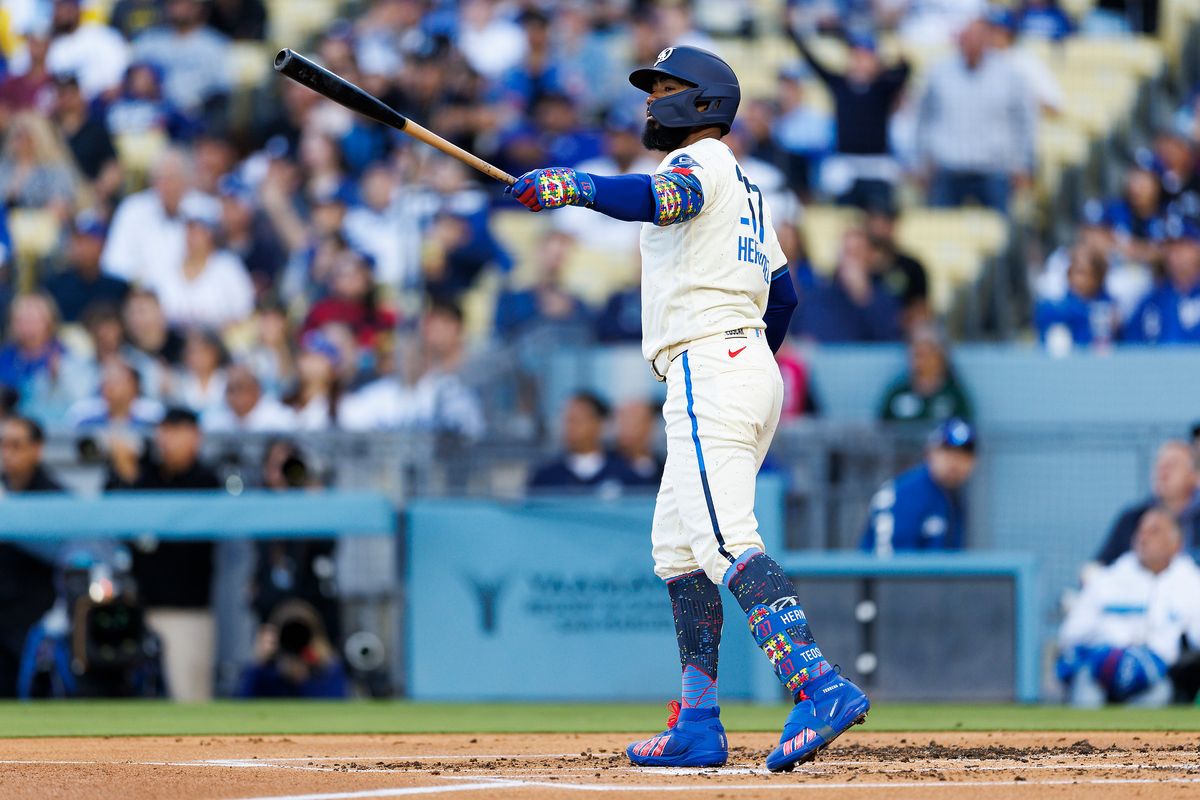Teoscar Hernandez #37 of the Los Angeles Dodgers celebrates his home run during the game against the Texas Rangers at Dodger Stadium on April 11, 2026 in Los Angeles, California. Teoscar Hernandez #37 of the Los Angeles Dodgers celebrates his home run during the game against the Texas Rangers at Dodger Stadium on April 11, 2026 in Los Angeles, California.