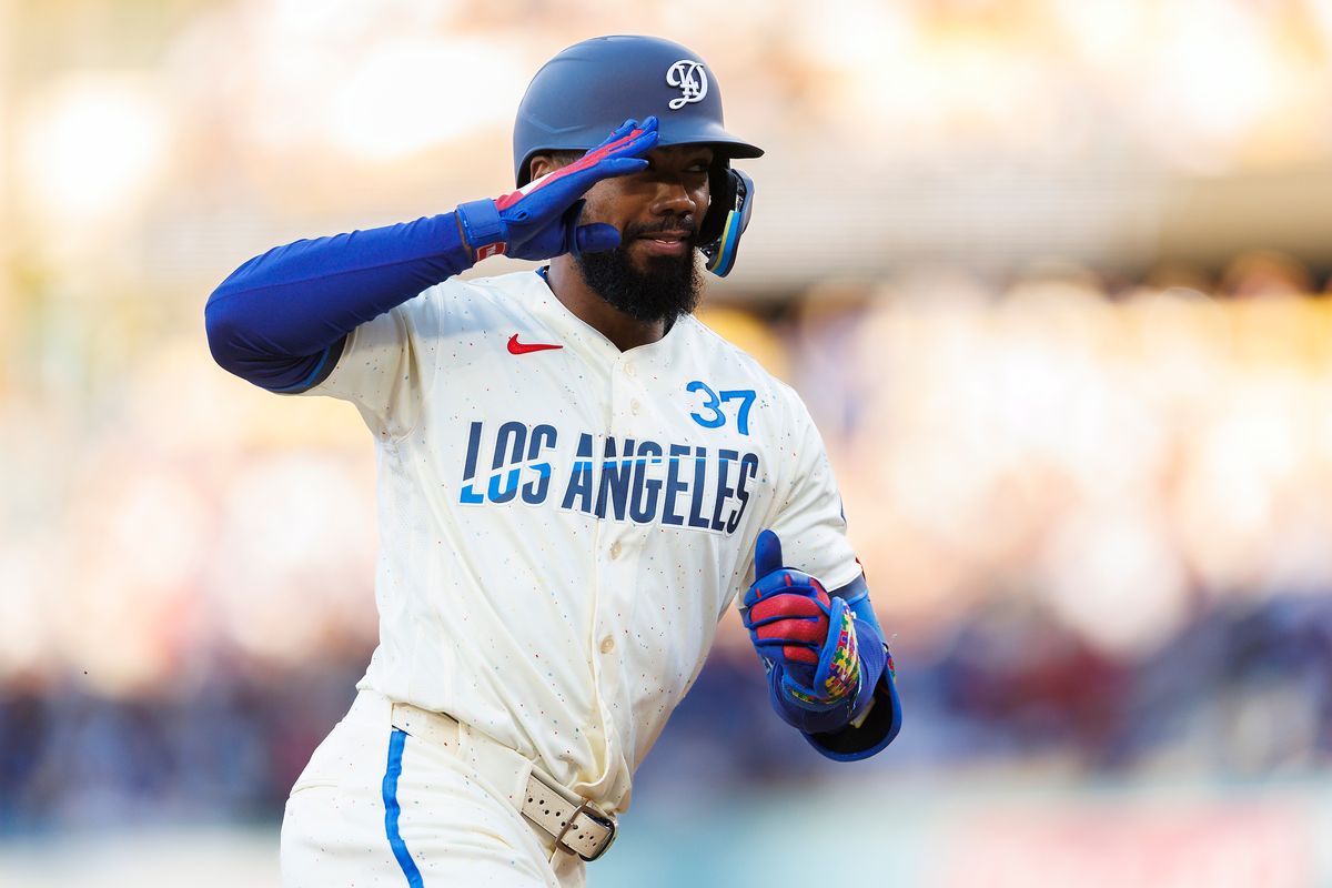 Teoscar Hernandez #37 of the Los Angeles Dodgers celebrates his home run during the game against the Texas Rangers at Dodger Stadium on April 11, 2026 in Los Angeles, California. Teoscar Hernandez #37 of the Los Angeles Dodgers celebrates his home run during the game against the Texas Rangers at Dodger Stadium on April 11, 2026 in Los Angeles, California.