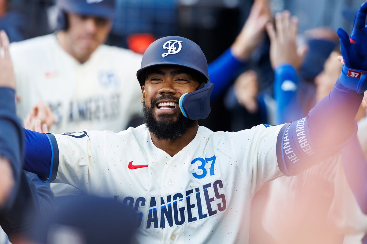 Teoscar Hernandez #37 of the Los Angeles Dodgers celebrates his home run in the dugout during the game against the Texas Rangers at Dodger Stadium on April 11, 2026 in Los Angeles, California. Teoscar Hernandez #37 of the Los Angeles Dodgers celebrates his home run in the dugout during the game against the Texas Rangers at Dodger Stadium on April 11, 2026 in Los Angeles, California.