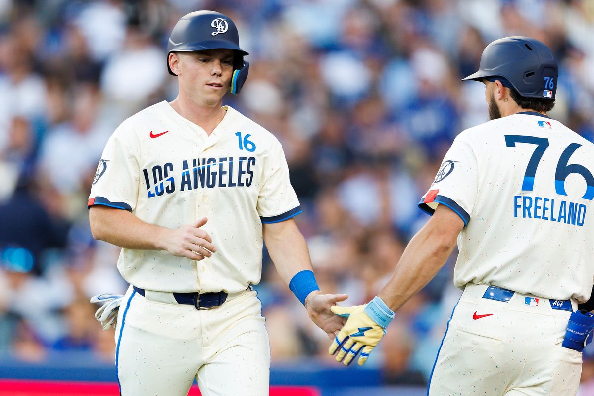 Will Smith #16 of the Los Angeles Dodgers celebrates with Alex Freeland #76 of the Los Angeles Dodgers during the game against the Texas Rangers at Dodger Stadium on April 11, 2026 in Los Angeles, California. Will Smith #16 of the Los Angeles Dodgers celebrates with Alex Freeland #76 of the Los Angeles Dodgers during the game against the Texas Rangers at Dodger Stadium on April 11, 2026 in Los Angeles, California.
