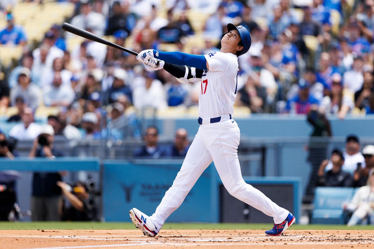  Shohei Ohtani #17 of the Los Angeles Dodgers swings during the game against the Chicago Cubs at Dodger Stadium on April 26, 2026 in Los Angeles, California.
