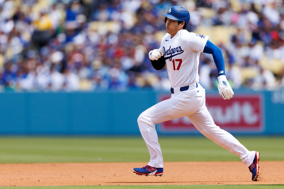 Shohei Ohtani #17 of the Los Angeles Dodgers runs during the game against the Chicago Cubs at Dodger Stadium on April 26, 2026 in Los Angeles, California. 